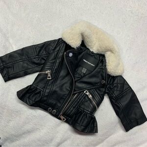 Urban Republic EUC Black Faux Leather Fur Trim Moto Jacket size 6-9M